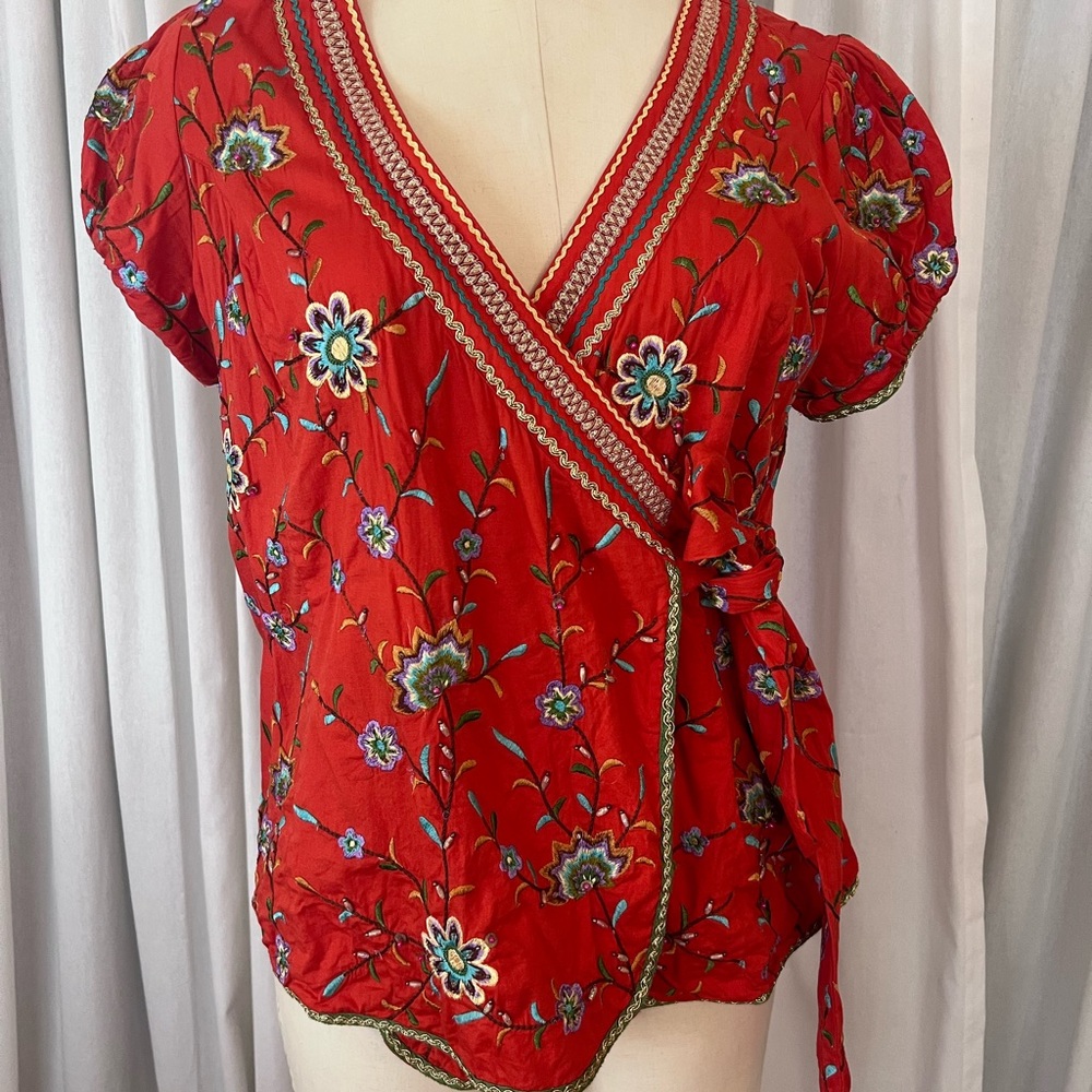 Flamenco Embroidered and beaded Red Cotton Wrap Top